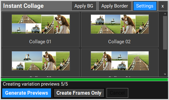 Photoshop Toolkit Instant Collage interface with multiple collage variations